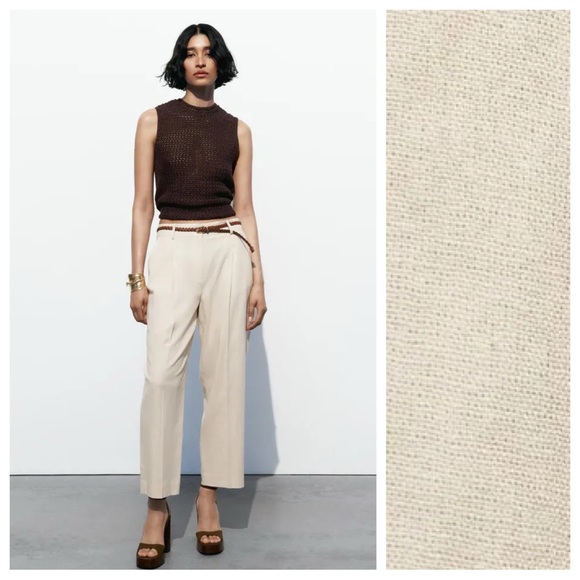 NWT. Zara Beige Linen Blend Belted Straight Leg Braided Belt Pants. Size S. - Picture 1 of 12